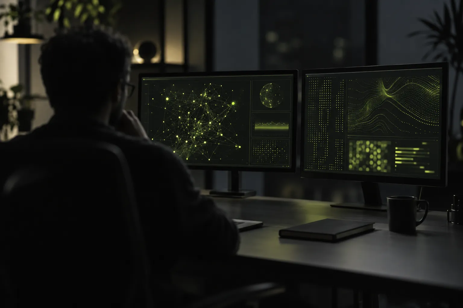 Security-Spezialist am Arbeitsplatz mit Netzwerk-Analysen auf zwei Bildschirmen